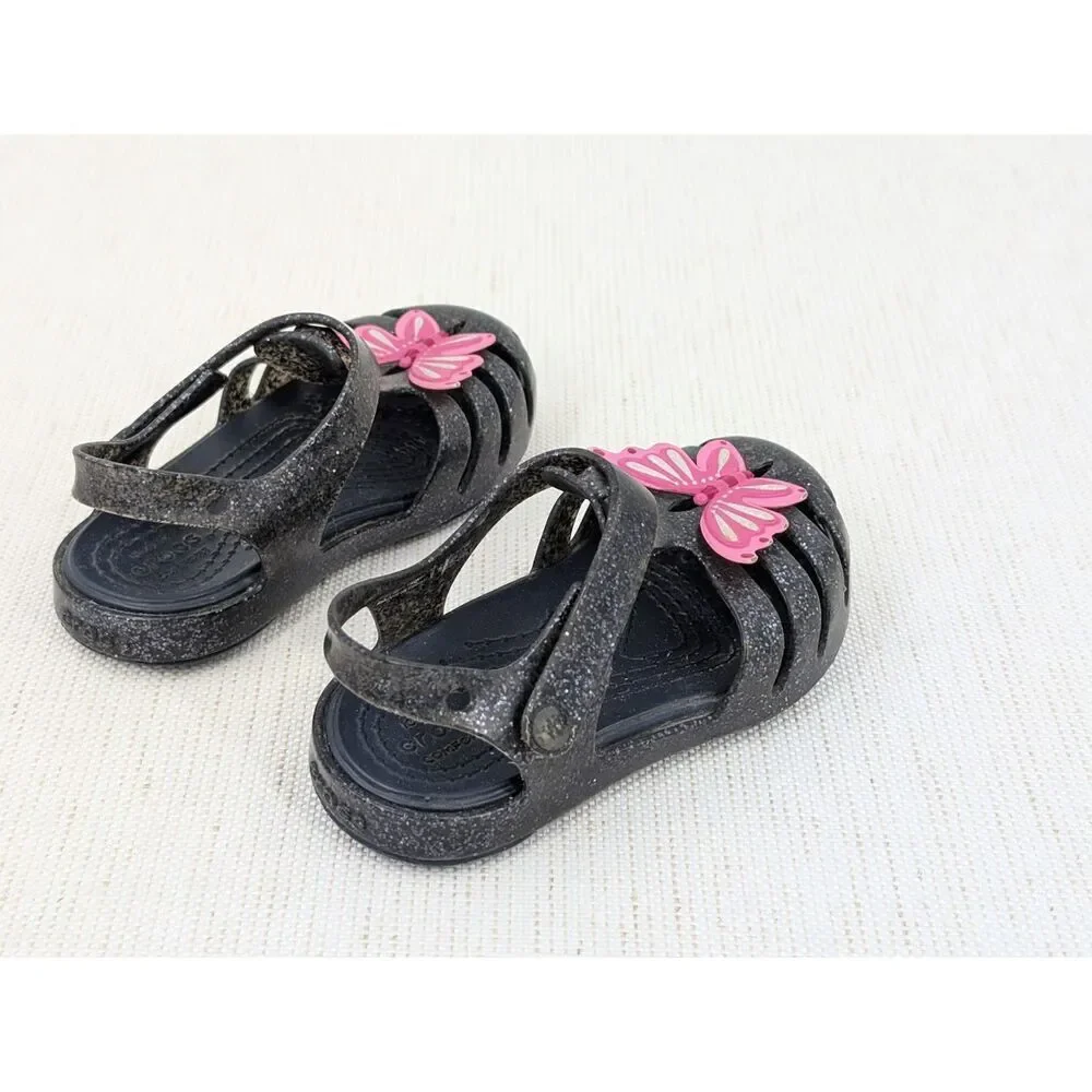 Crocs Sandals Toddler Girl C 6 Black Glitter Pink Butterfly Mary Jane